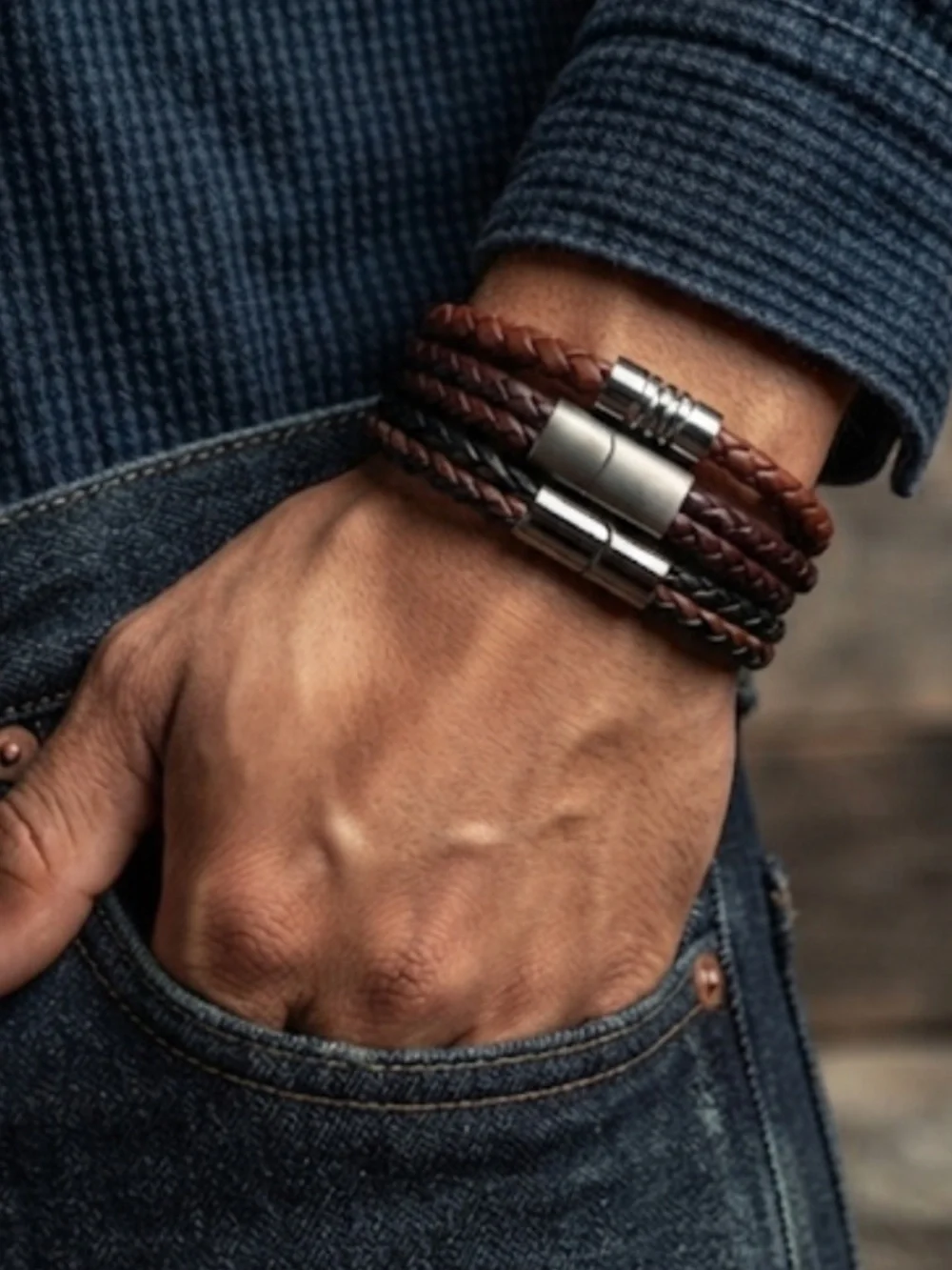 NEW Mens Bracelet Leather Braided 6mm Steel Magnetic Closure 8.5